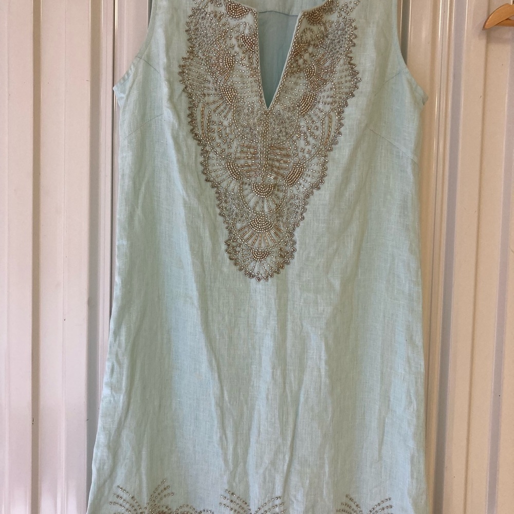 Bella Tu Jeanne D’ Gopi Vaid Linen Beaded Dress 6 Mint Blue Sleeveless India - Picture 8 of 14